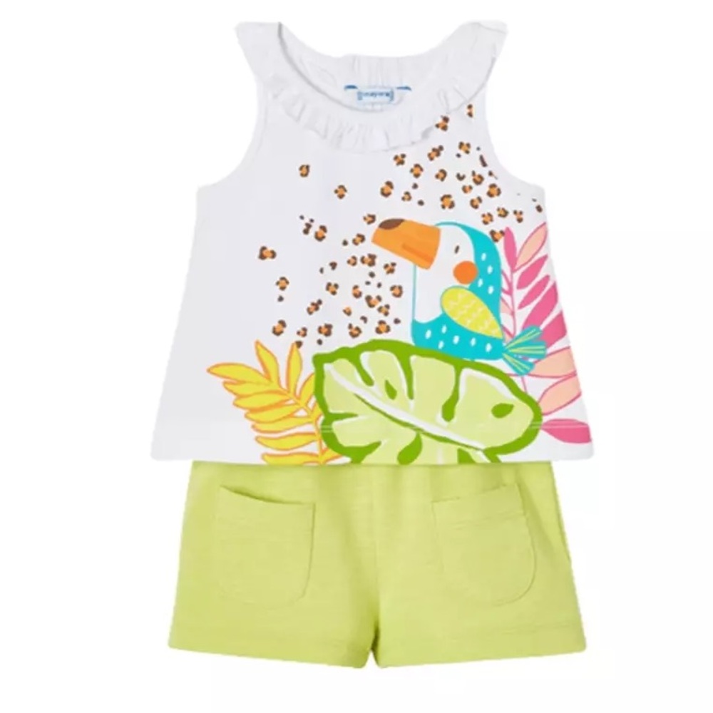 Size 18 Months Mayoral White Top with Colorful Toucan and Lime Shorts Set
